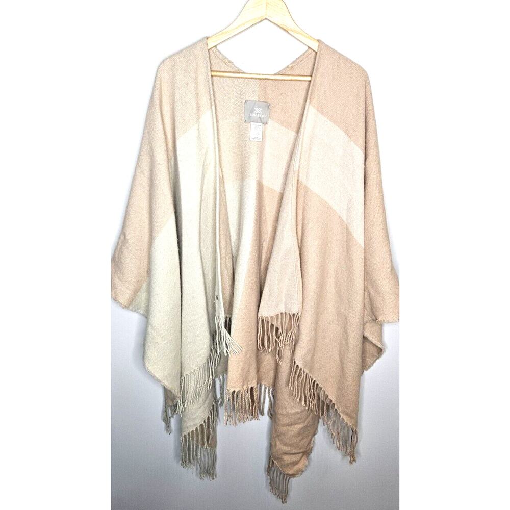 Soia & Kyo Poncho Womens One Size Pink Beige Shawl Sweater Fringe Cardigan Cape